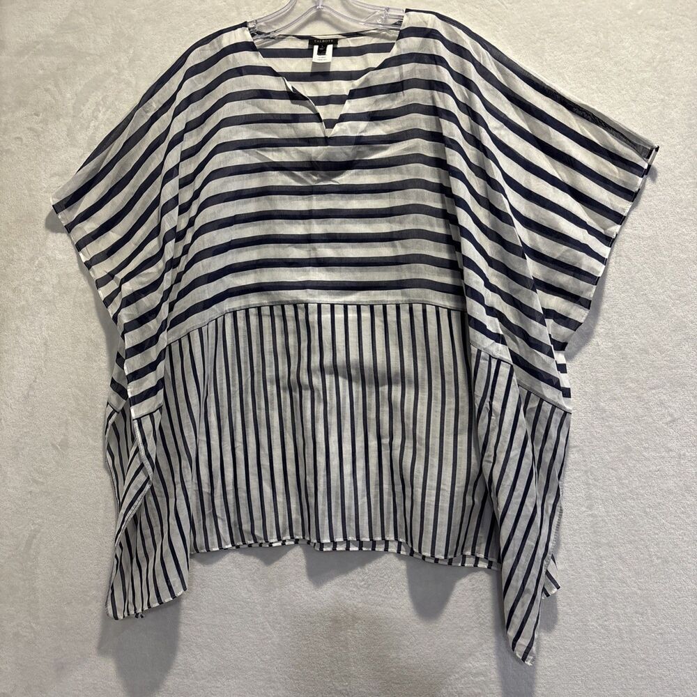 Talbots Navy Blue White Stripe Sheer Flutter Sleeve Kaftan Top Large Silk Blend